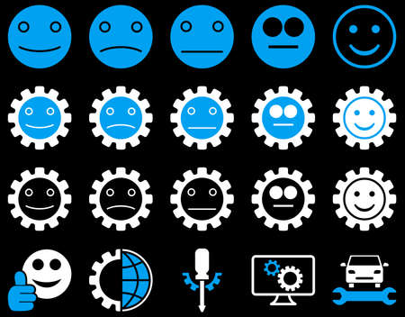 Tools and Smile Gears Icons. Vector set style is bicolor flat images, blue and white colors, isolated on a black background.のイラスト素材