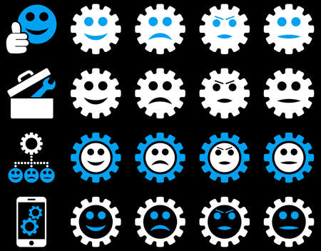 Tools and Smile Gears Icons. Vector set style is bicolor flat images, blue and white colors, isolated on a black background.のイラスト素材