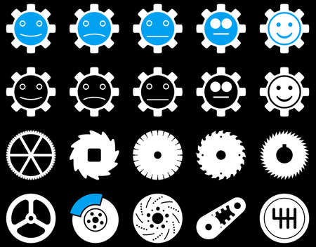 Tools and Smile Gears Icons. Vector set style is bicolor flat images, blue and white colors, isolated on a black background.のイラスト素材