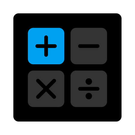 Calculator icon. This flat rounded square black button uses gray and blue colors and isolated on a white background.の写真素材