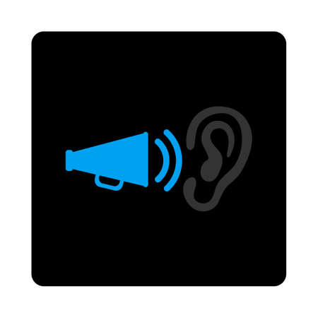 Advertisement icon. Glyph style is bicolor flat symbol, gray and light blue colors, black rounded square button, white background.の写真素材