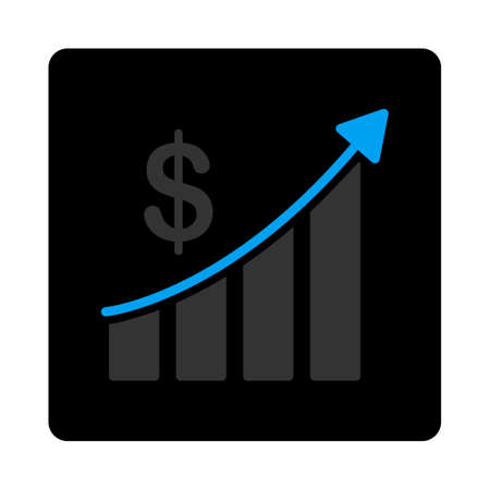 Sales icon. Glyph style is bicolor flat symbol, gray and light blue colors, black rounded square button, white background.の写真素材