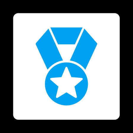 Champion medal icon. Icon style is blue and white colors, flat rounded square button, black background.のイラスト素材