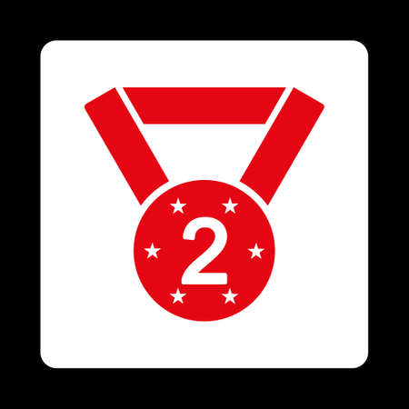 Second medal icon from Award Buttons OverColor Set. Icon style is red and white colors, flat rounded square button, black background.の写真素材