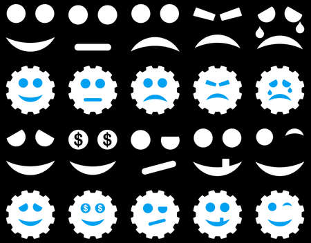 Tools, gears, smiles, emoticons icons. Vector set style is bicolor flat images, blue and white symbols, isolated on a black background.のイラスト素材