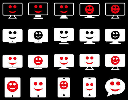 Smiles, monitors, mobile icons. Glyph set style is bicolor flat images, red and white symbols, isolated on a black background.の写真素材
