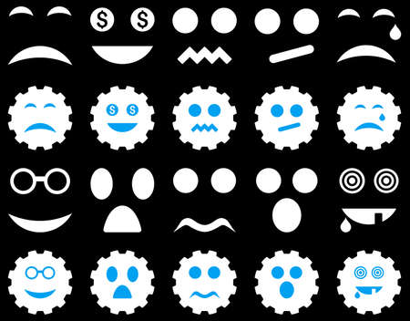 Tool, gear, smile, emotion icons. Vector set style is bicolor flat images, blue and white symbols, isolated on a black background.のイラスト素材