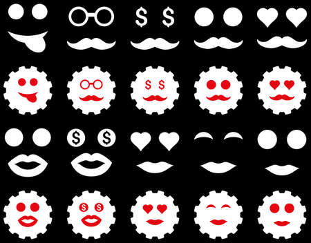 Tool, gear, smile, emotion icons. Glyph set style is bicolor flat images, red and white symbols, isolated on a black background.の写真素材