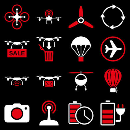 Copter tools icon set designed with red and white colors. These flat bicolor pictograms are isolated on a black background.の写真素材