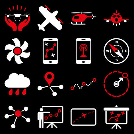 Aircraft navigation icon set designed with red and white colors. These flat bicolor pictograms are isolated on a black background.の写真素材