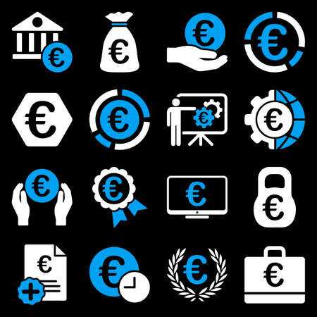 Euro banking business and service tools icons. These flat bicolor icons use blue and white. Images are isolated on a black background. Angles are rounded.のイラスト素材