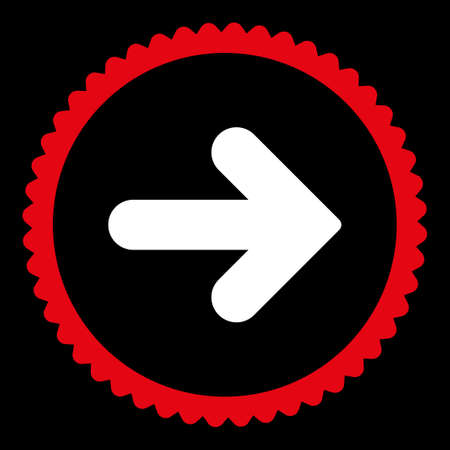 Arrow Right round stamp icon. This flat glyph symbol is drawn with red and white colors on a black background.の写真素材
