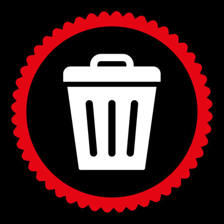 Trash Can round stamp icon. This flat glyph symbol is drawn with red and white colors on a black background.の写真素材