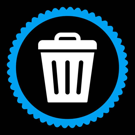 Trash Can round stamp icon. This flat vector symbol is drawn with blue and white colors on a black background.のイラスト素材