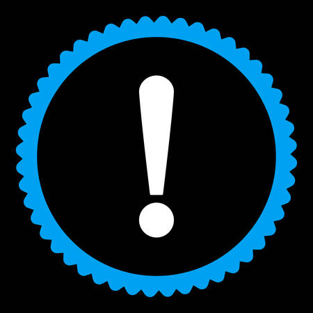Exclamation Sign round stamp icon. This flat vector symbol is drawn with blue and white colors on a black background.のイラスト素材