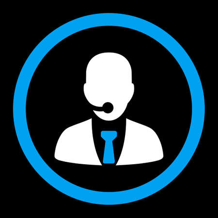 Call center operator glyph icon. This rounded flat symbol is drawn with blue and white colors on a black background.の写真素材