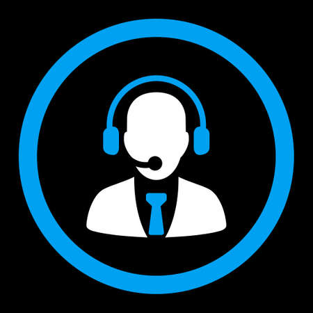 Call center vector icon. This rounded flat symbol is drawn with blue and white colors on a black background.のイラスト素材