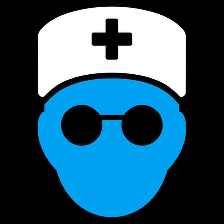Medic Head vector icon. Style is bicolor flat symbol, blue and white colors, rounded angles, black background.のイラスト素材