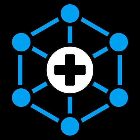 Medical Network vector icon. Style is bicolor flat symbol, blue and white colors, rounded angles, black background.のイラスト素材