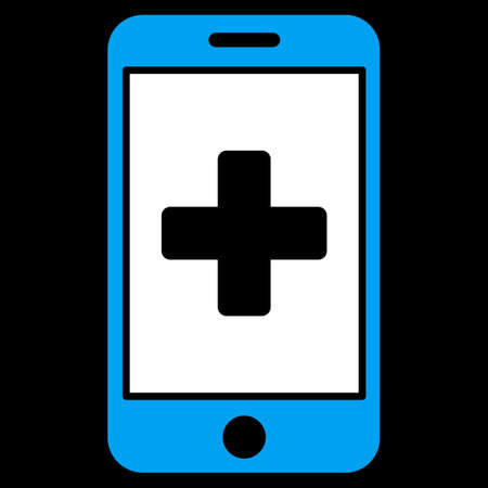 Mobile Medicine vector icon. Style is bicolor flat symbol, blue and white colors, rounded angles, black background.のイラスト素材