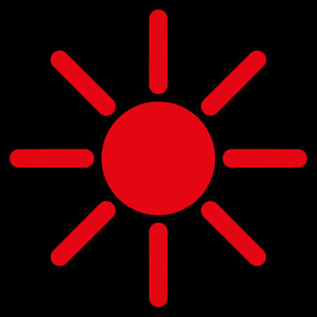 Brightness raster icon. Style is flat symbol, red color, rounded angles, black background.の写真素材