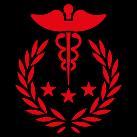 Caduceus Logo raster icon. Style is flat symbol, red color, rounded angles, black background.の写真素材