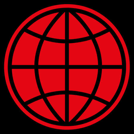 Globe raster icon. Style is flat symbol, red color, rounded angles, black background.の写真素材
