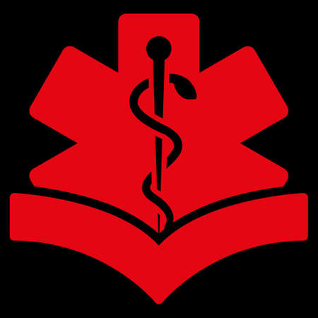 Medical Knowledge raster icon. Style is flat symbol, red color, rounded angles, black background.