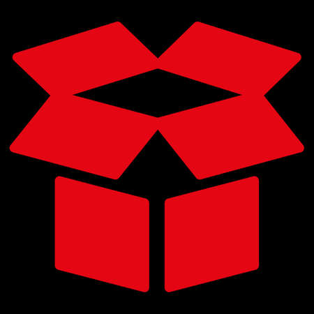 Open Box raster icon. Style is flat symbol, red color, rounded angles, black background.