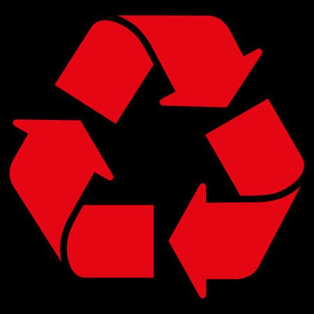 Recycle raster icon. Style is flat symbol, red color, rounded angles, black background.の写真素材