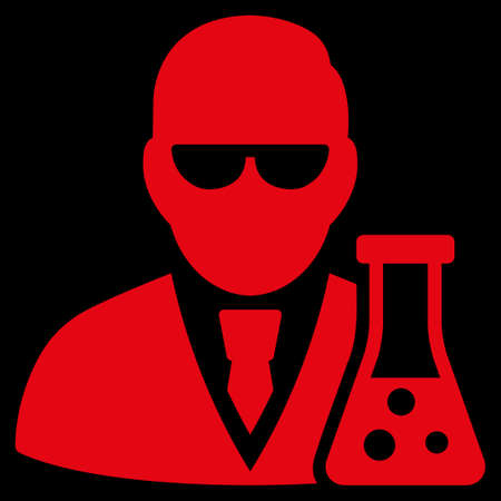 Scientist With Flask raster icon. Style is flat symbol, red color, rounded angles, black background.の写真素材