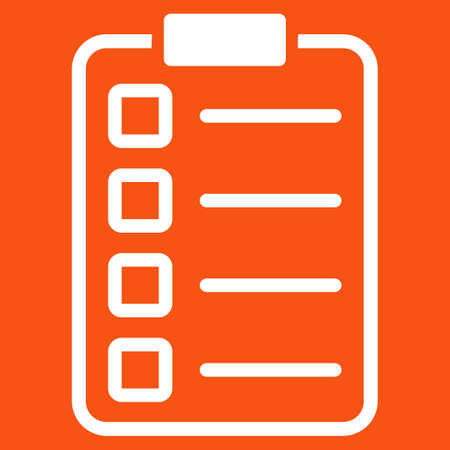 Examination icon. Vector style is flat symbol, white color, rounded angles, orange background.
