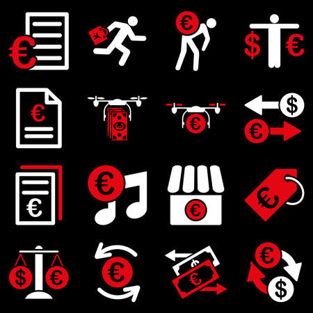 Euro banking business and service tools icons. These flat bicolor icons use red and white colors. Images are isolated on a black background. Angles are rounded.の写真素材
