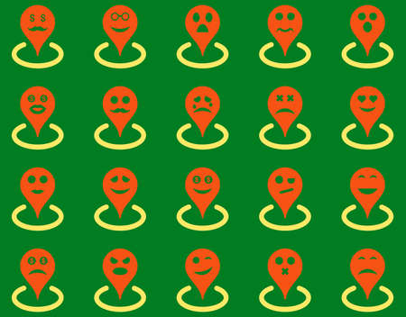 Smiled location icons. Vector set style is bicolor flat images, orange and yellow symbols, isolated on a green background.のイラスト素材