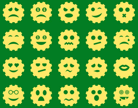 Gear emotion icons. Vector set style is flat images, yellow symbols, isolated on a green background.のイラスト素材