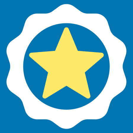 Award seal icon from Competition & Success Bicolor Icon Set. Glyph style is flat bicolor symbols, yellow and white colors, rounded angles, blue background.の写真素材