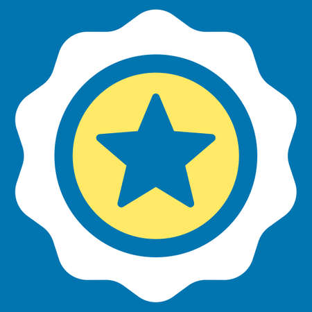 Reward seal icon from Competition & Success Bicolor Icon Set. Glyph style is flat bicolor symbols, yellow and white colors, rounded angles, blue background.の写真素材