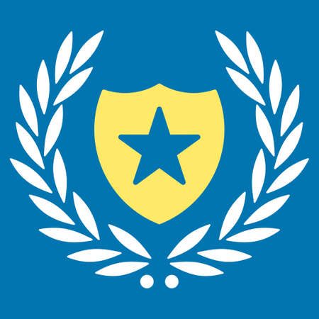 Shield icon from Competition & Success Bicolor Icon Set. Glyph style is flat bicolor symbols, yellow and white colors, rounded angles, blue background.の写真素材