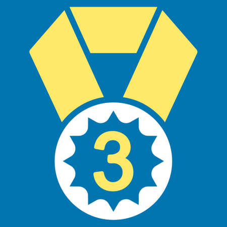 Third place icon from Competition & Success Bicolor Icon Set. Glyph style is flat bicolor symbols, yellow and white colors, rounded angles, blue background.の写真素材