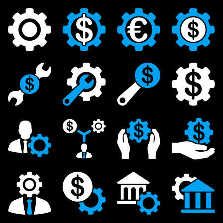 Financial tools and options icon set. Vector style is flat bicolor symbols, blue and white colors, rounded angles, black background.のイラスト素材