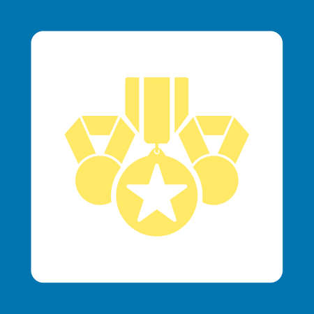 Awards icon. Icon style is yellow and white colors, flat rounded square button, blue background.のイラスト素材