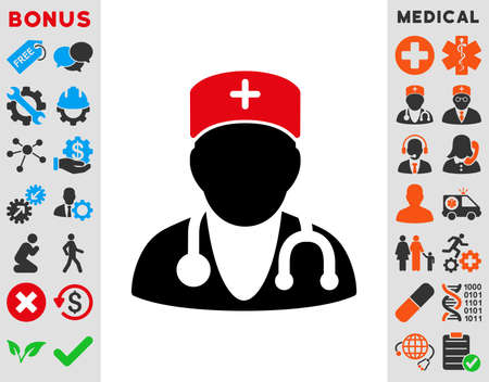 Physician raster icon. Style is bicolor flat symbol, intensive red and black colors, rounded angles, white background.の写真素材
