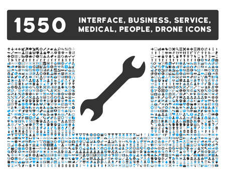 Wrench icon and other web interface, business, tools, people, medical service and awards glyph symbols. Style is bicolor flat symbols, blue and gray colors, rounded angles, white background.の写真素材
