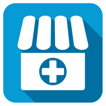 Drugstore longshadow icon. Style is a blue rounded button with a white symbol with long shadow.の写真素材