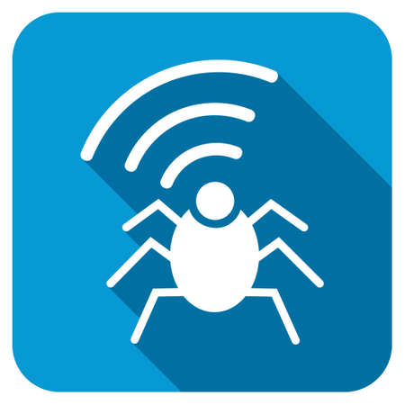 Radio Spy Bug longshadow icon. Style is a blue rounded button with a white symbol with long shadow.の写真素材