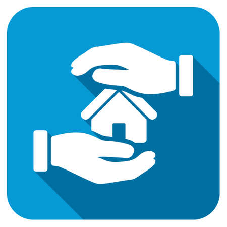 Realty Insurance longshadow icon. Style is a blue rounded button with a white symbol with long shadow.の写真素材