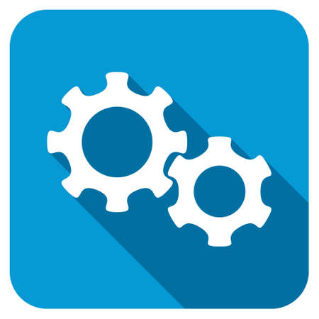 Gears longshadow icon. Style is a blue rounded square button with a white rounded symbol with long shadow.の写真素材