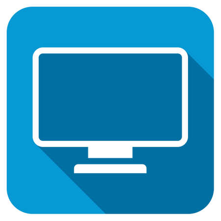 Monitor longshadow icon. Style is a blue rounded square button with a white rounded symbol with long shadow.の写真素材