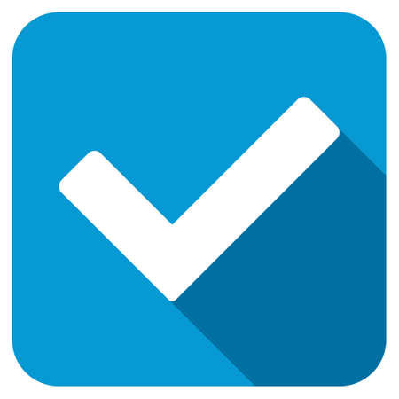 Ok longshadow icon. Style is a blue rounded square button with a white rounded symbol with long shadow.の写真素材
