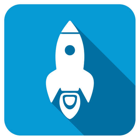 Rocket longshadow icon. Style is a blue rounded square button with a white rounded symbol with long shadow.の写真素材